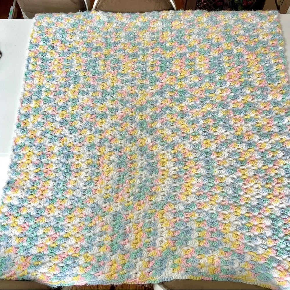 Vintage Handmade 1960s 1970s Rainbow Pastel Crochet Knit Baby Blanket & Bonnet